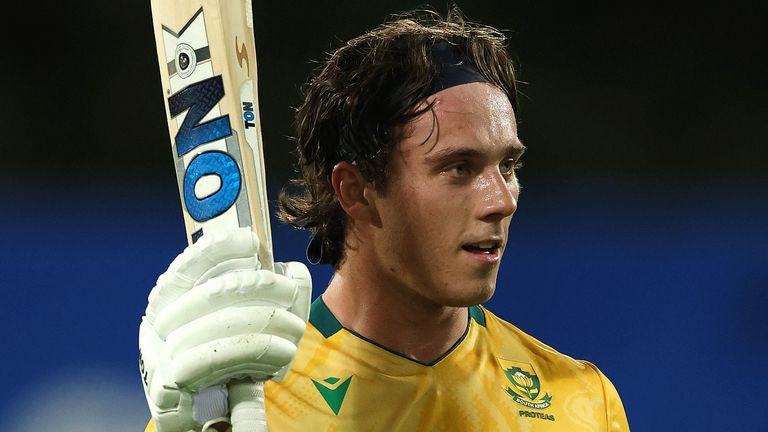 South Africa's Dewald Brevis celebrates his T20I hundred against Australia (Getty Images)