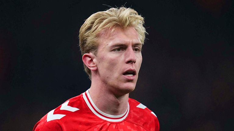 March 20 2025: Mika Biereth of Denmark looks on during a UEFA Nations League game, Denmark vs Portugal, at Parken,