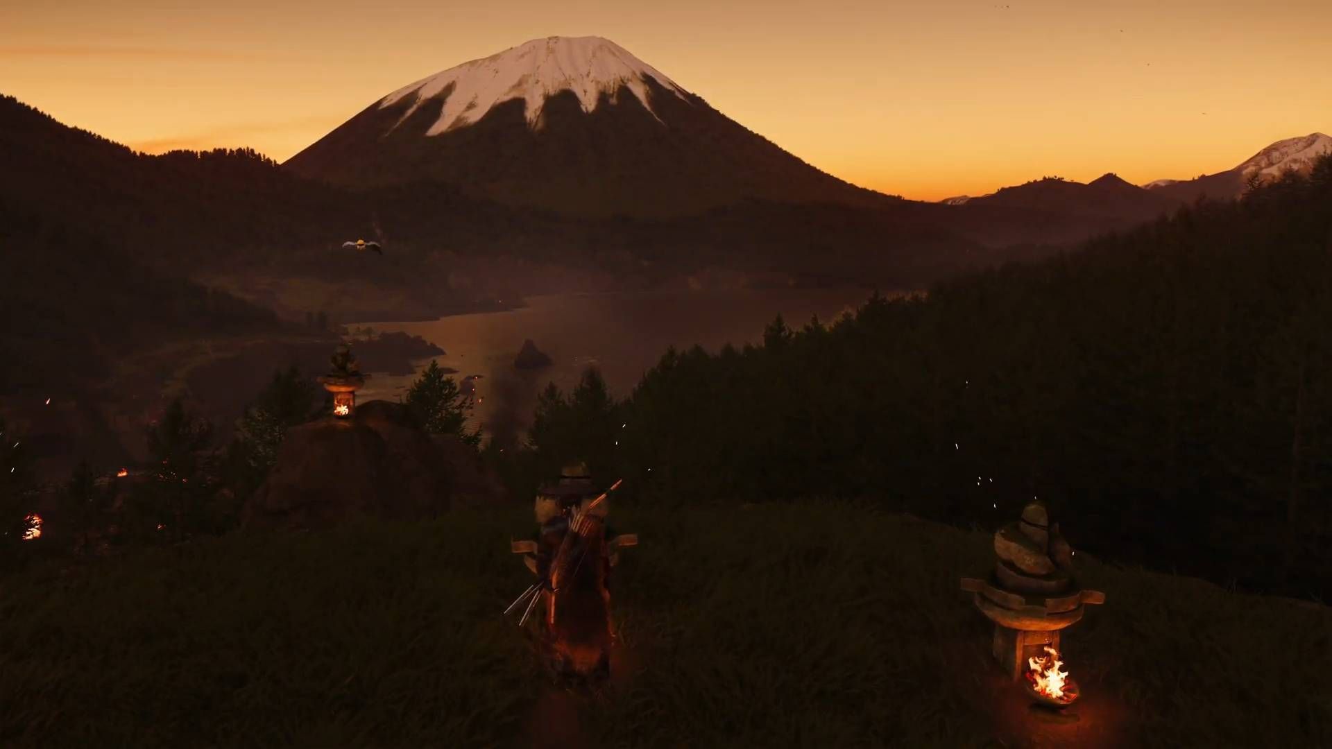 Spin the three fox statues to face the other statue on the cliff to complete the Mountain Reliquaries in Ghost of Yotei (Image via Sucker Punch Productions || Sportskeeda Gaming)