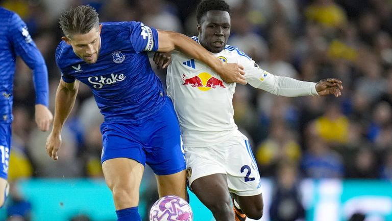 Everton captain James Tarkowski keeps Leeds' Willy Gnonto at bay