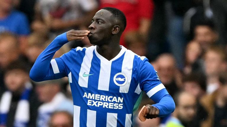 Yankuba Minteh celebrates after giving Brighton the lead against Spurs