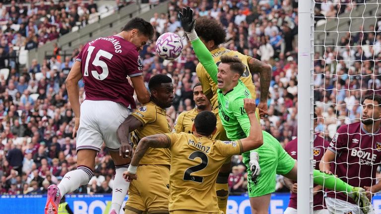Konstantinos Mavropanos wins a header but his effort is saved by Dean Henderson