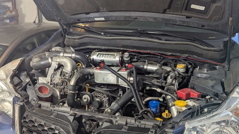 Engine bay of a modified Subaru Foester