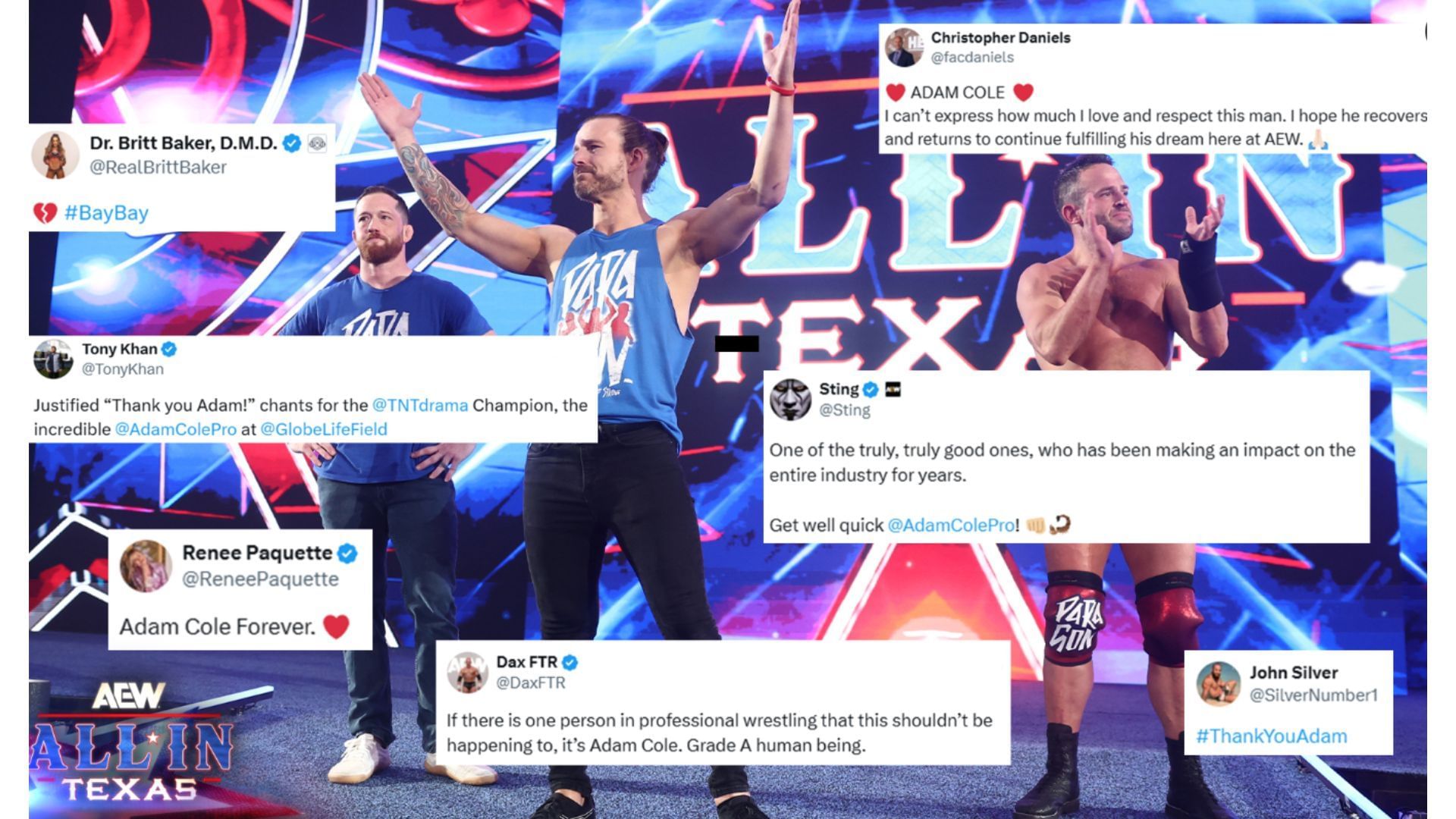 Various AEW personalities' reactions to Adam Cole's All In: Texas announcement [Image Credits: All Elite Wrestling on X]