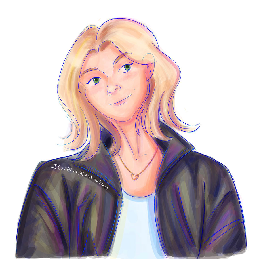 Digital illustration of a young woman with shoulder-length blond hair, a heart necklace, and a black leather jacket.
