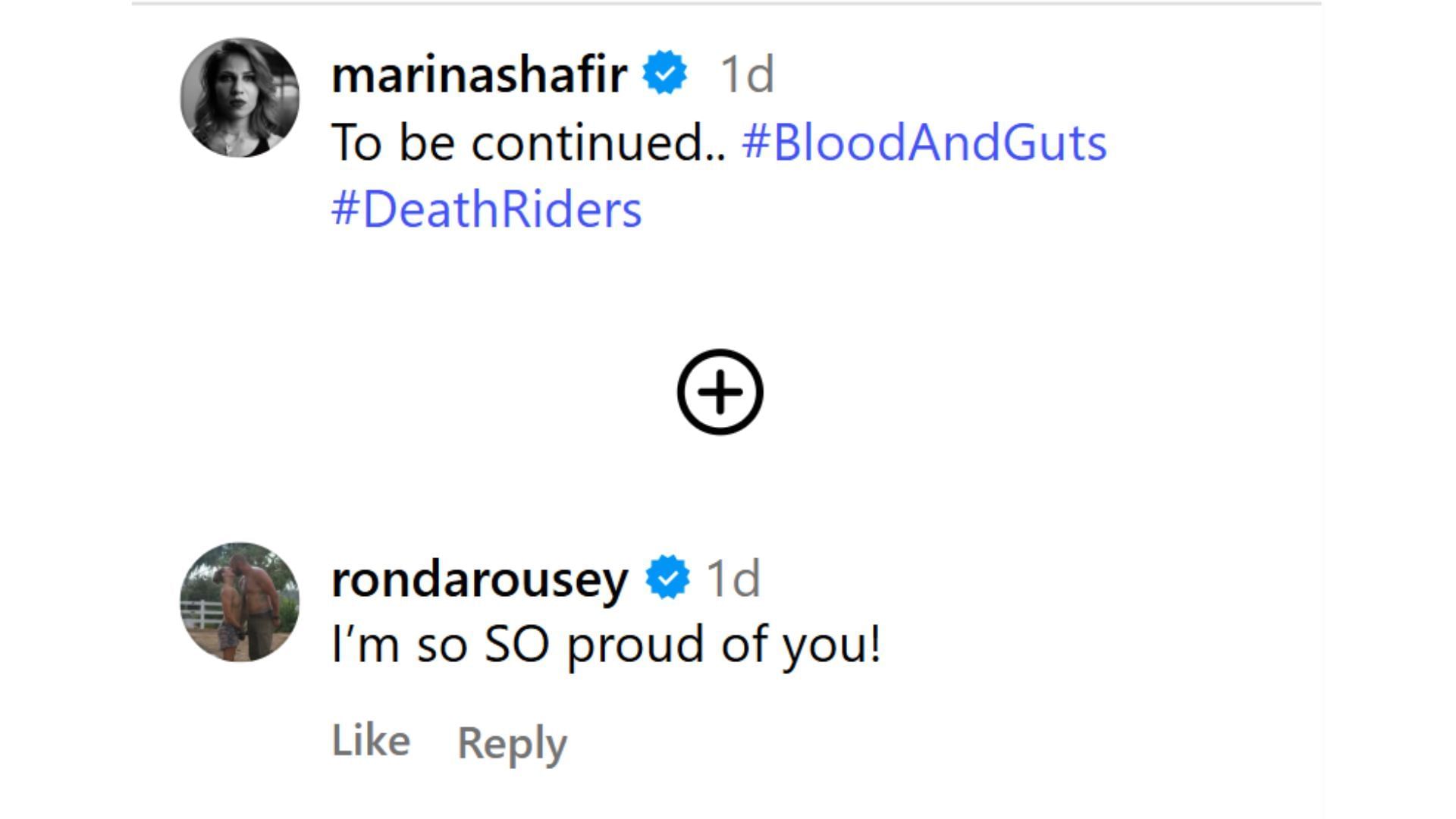 Ronda Rousey's comment under Marina Shafir's post [Source : Shafir's IG]