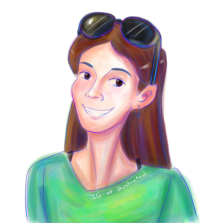 Digital illustration of a young woman with long brown hair, sunglasses atop her head, a bright green shirt, and a broad smile.