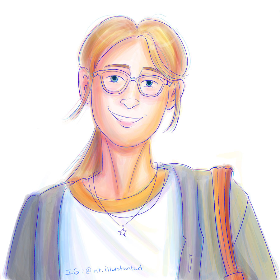 Digital illustration of a young woman with blond hair in a ponytail, glasses, and a gray sweater over a white shirt.