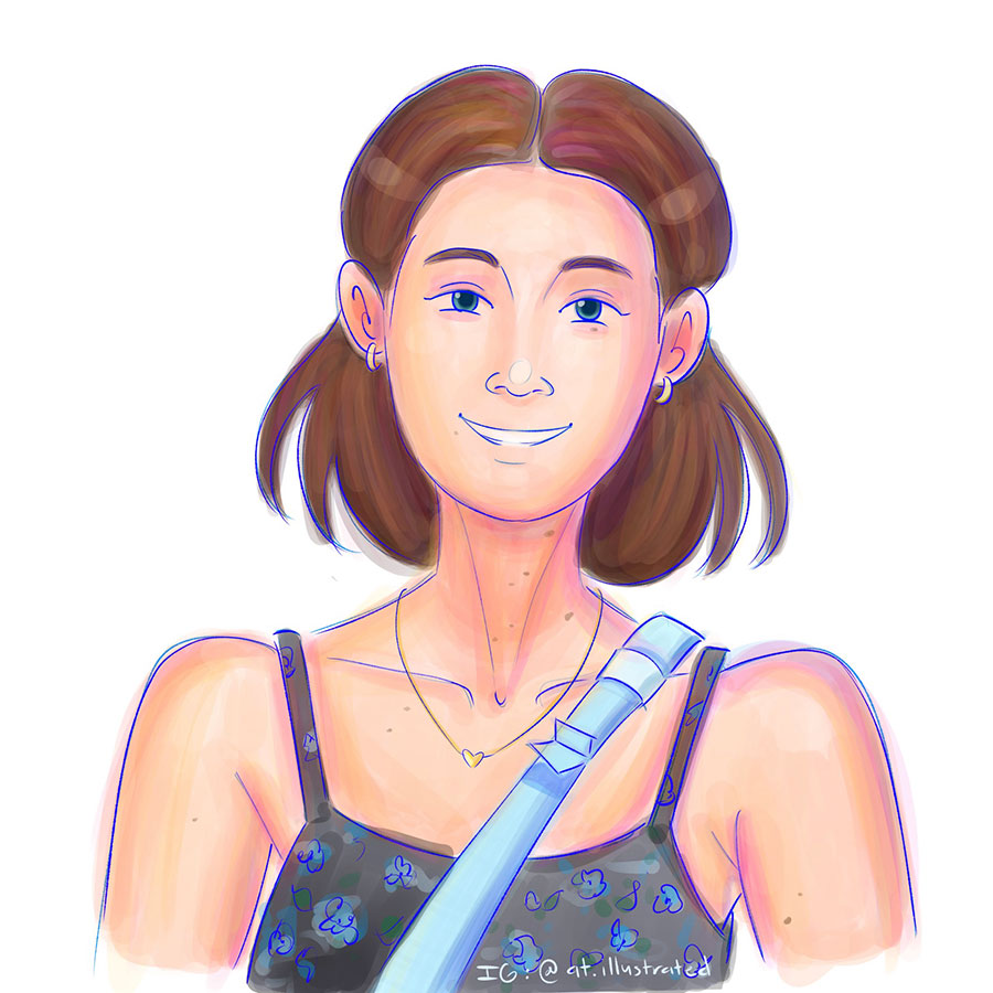 Digital illustration of a young woman with chin-length brown hair, heart necklace, and floral tank top.