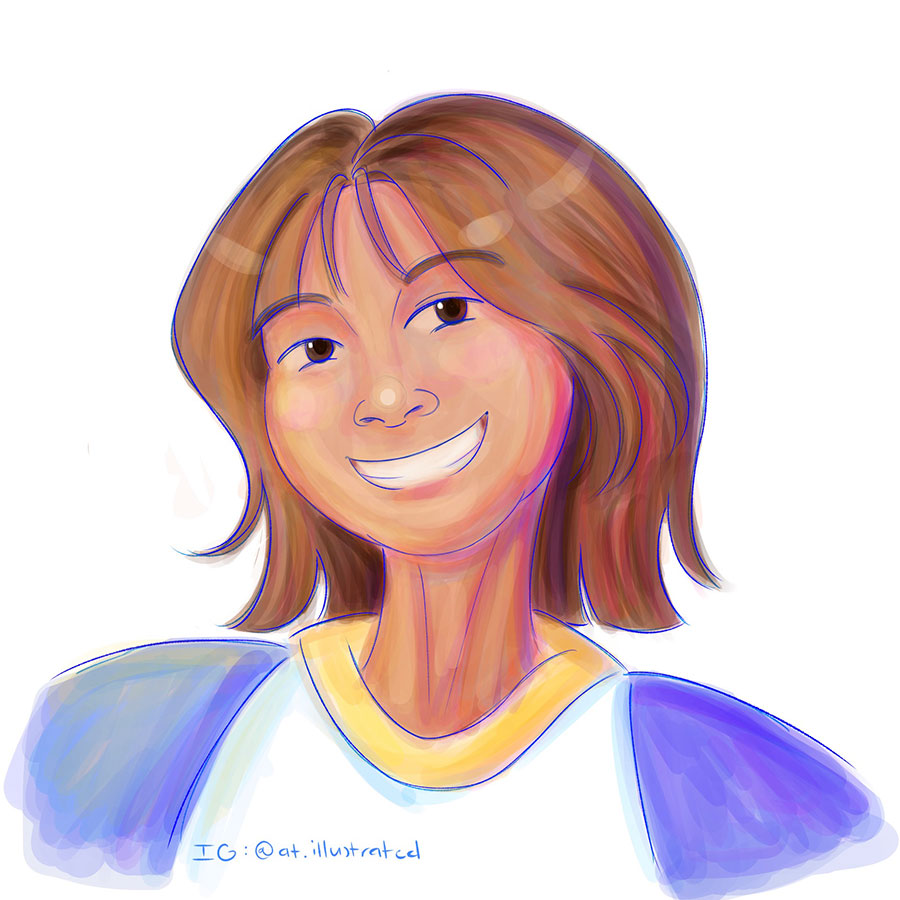 Digital illustration of a young woman with chin-length brown hair and broad smile.