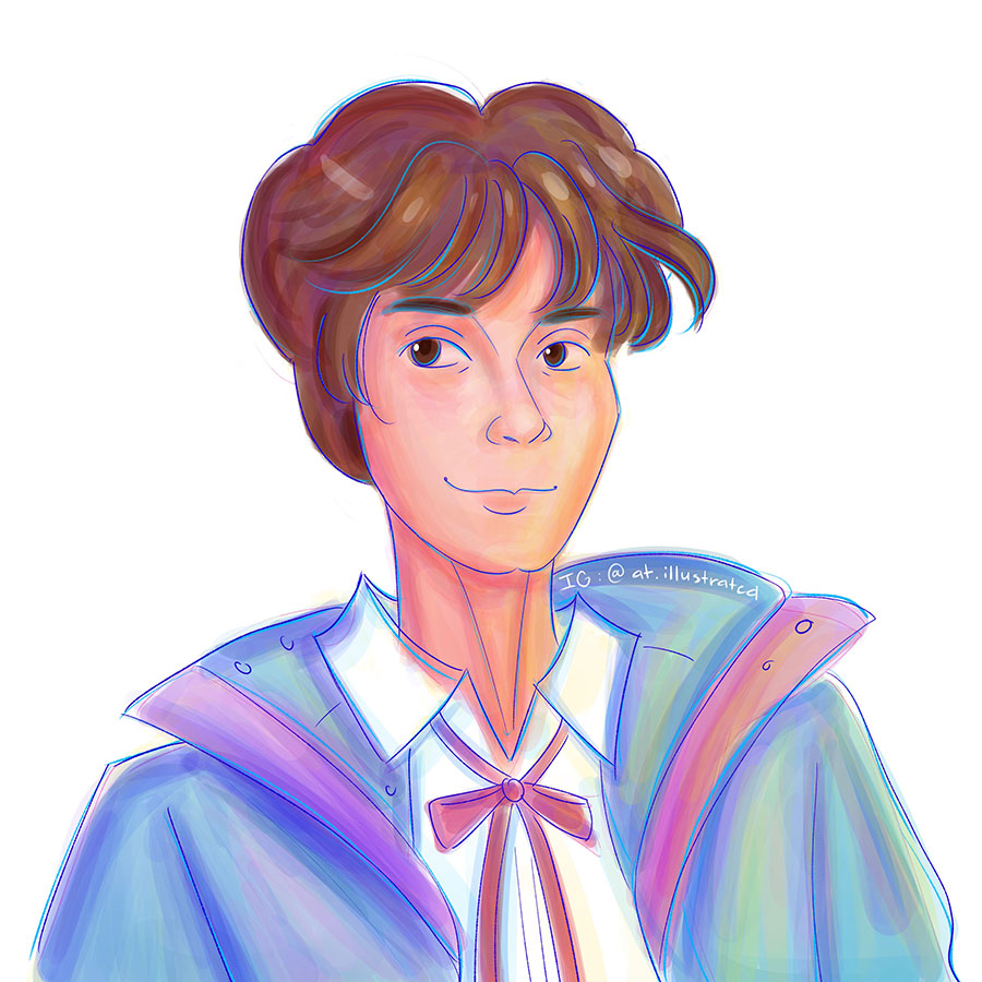 Digital illustration of a young man with shaggy brown hair, blue jacket, and red ribbons tied around the collar of a white dress shirt.