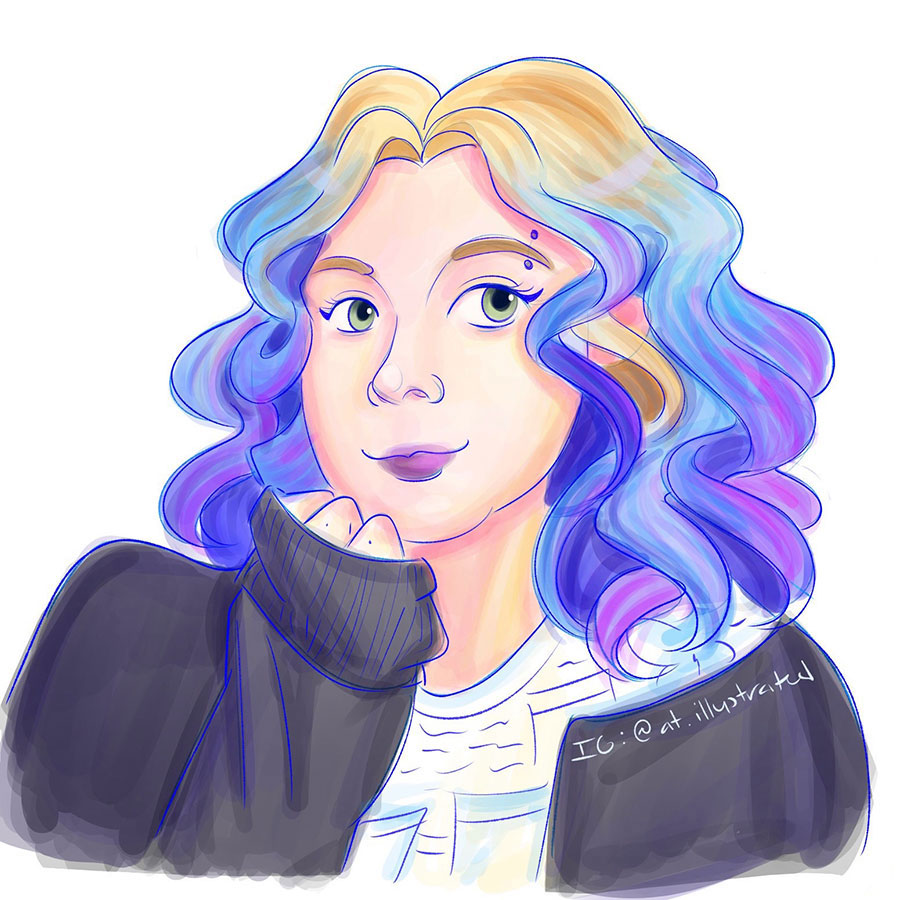 Digital illustration of a young woman with wavy blue, purple, and blond hair, eyebrow piercing, and black sweater.