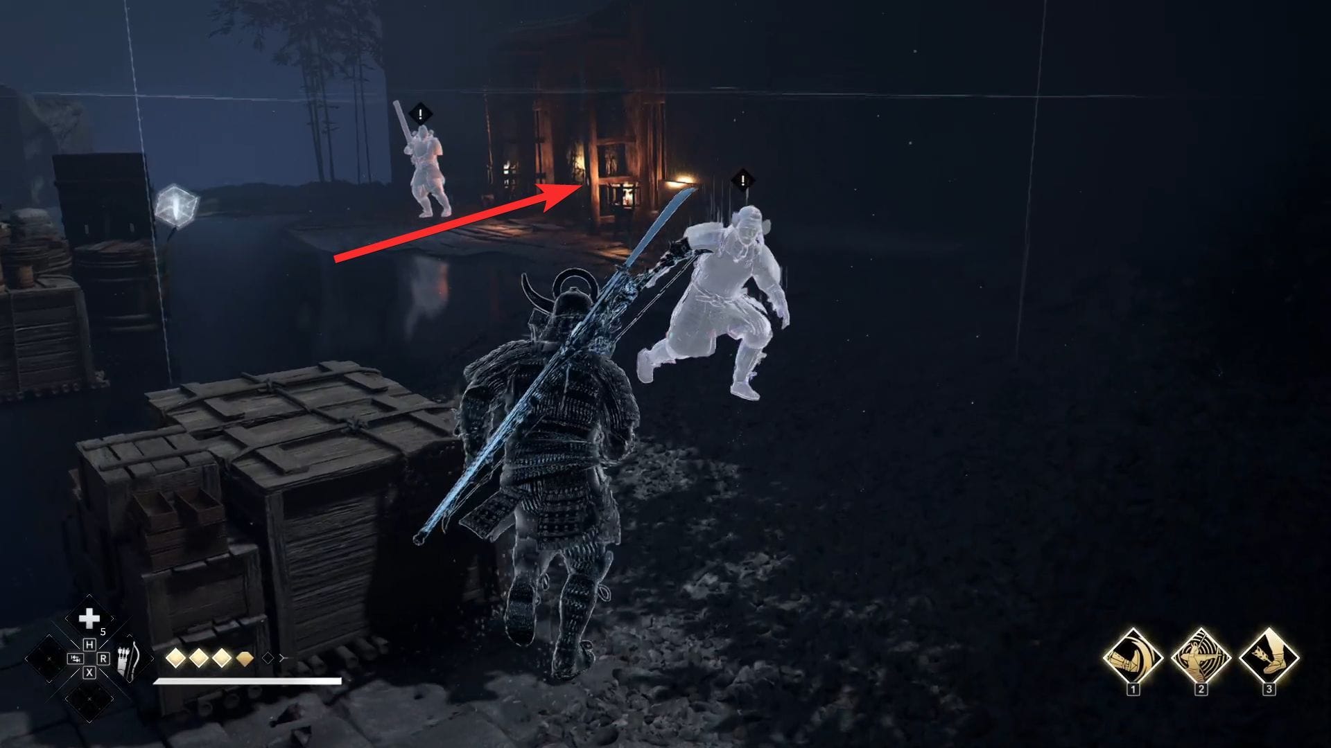 Defeat the enemies, and squeeze through this gap using Naoe's form (Image via Ubisoft)