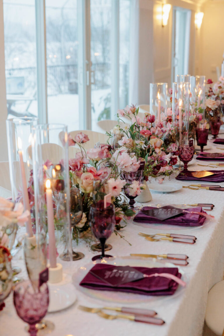 A Cozy Lake House Inn Wedding Designed with Romantic Plum Tones and Golden Accents