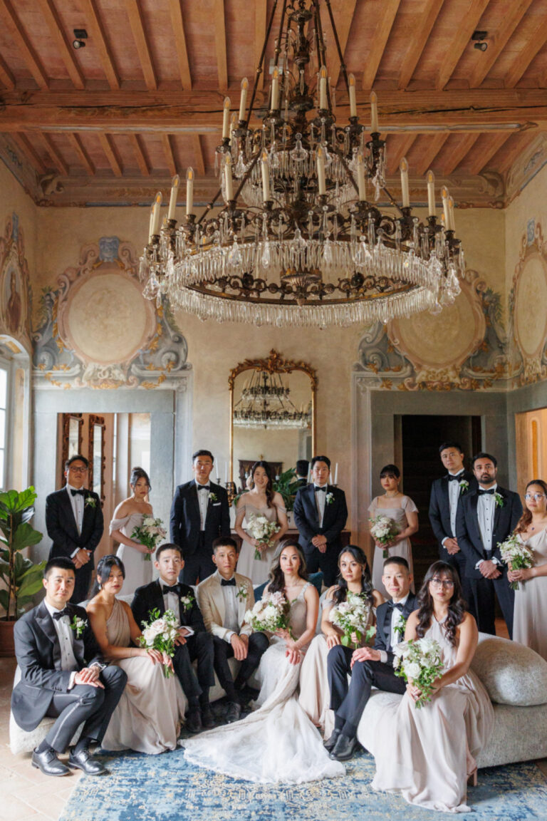 A Luxe Tuscan Wedding of Neutral Florals and Glittering Chandelier Light