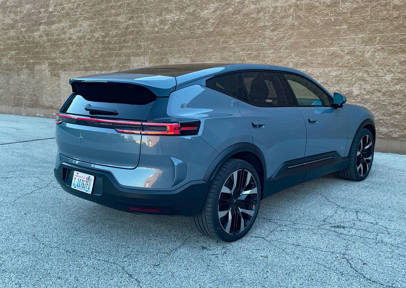2025 Polestar 3 in Thunder. rear 3/4 view.