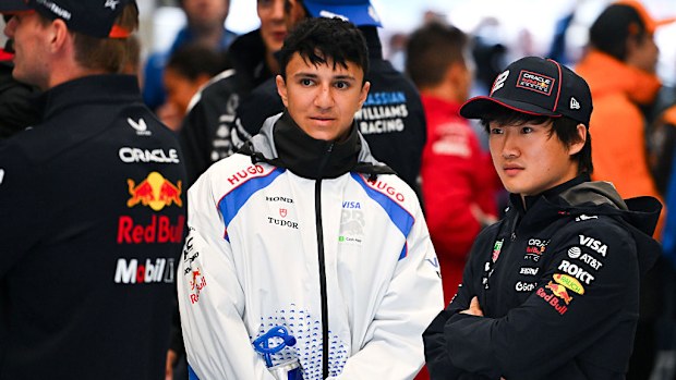 Isack Hadjar and Yuki Tsunoda on the drivers parade prior to the F1 Grand Prix of Belgium.