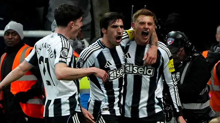Harvey Barnes celebrates his opener with Sandro Tonali and Tino Livramento
