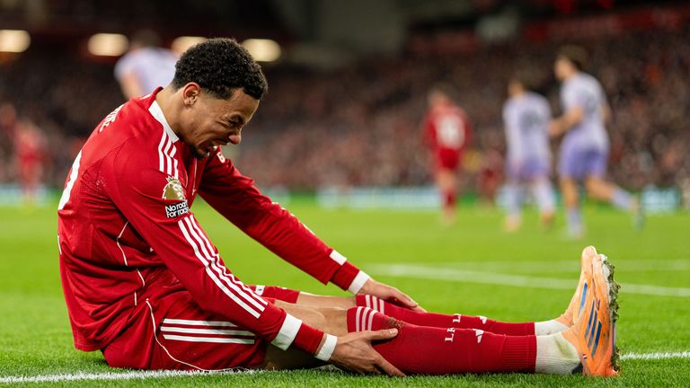 Hugo Ekitike down with cramp late in the game between Liverpool and Brighton