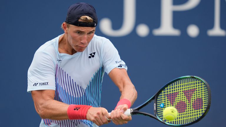 Nicolai Budkov Kjaer, of Norway, returns a shot to Boy's Rafael Jodar, of Spain, during boy's singles final of the U.S. Open tennis championships, Saturday, Sept. 7, 2024, in New York. (AP Photo/Julia Nikhinson)