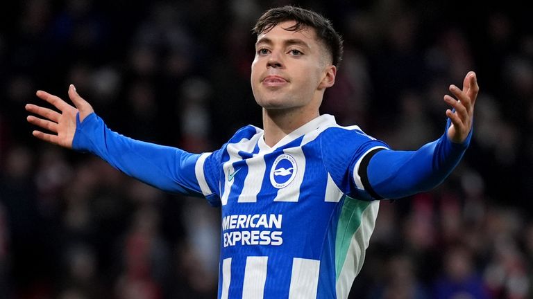 Stefanos Tzimas celebrates after doubling Brighton's lead at Nottingham Forest