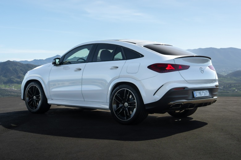 Rear 3/4 view of a white Mercedes-Benz GLE450 Coupe