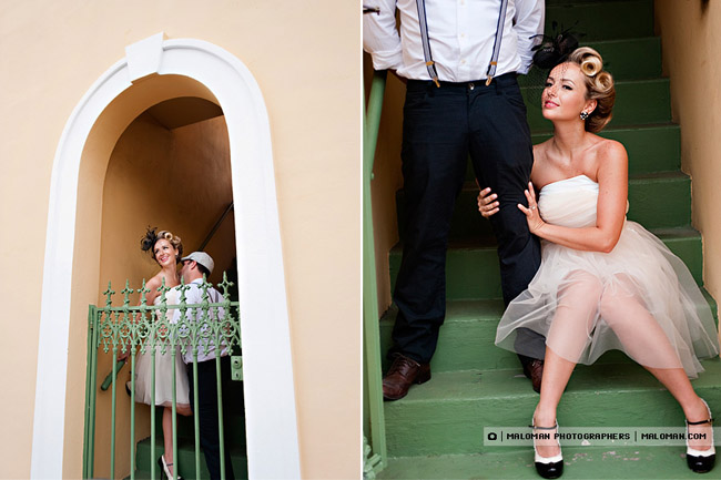 Jackie in tea-length strapless ivory tulle sweetheart dress with birdcage veil and black and white pumps