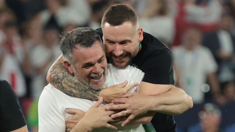 David Webb celebrates with Willy Sagnol during his time with the Georgia national team [Credit: Lasha Kuprashvili @ GFF]