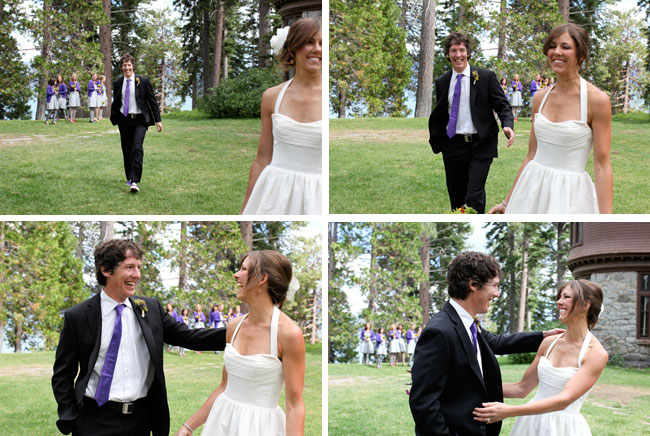 Four-panel grid showing a first look reaction sequence at a Lake Tahoe lodge, the groom approaching, turning, laughing, and embracing the bride while the bridal party watches in purple