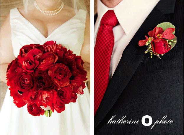 Split image: Left, bride in a white dress holds a red bouquet; right, groom in a black suit and red tie with a red boutonniere—showcasing their vibrant Turquoise and Red Wedding theme.