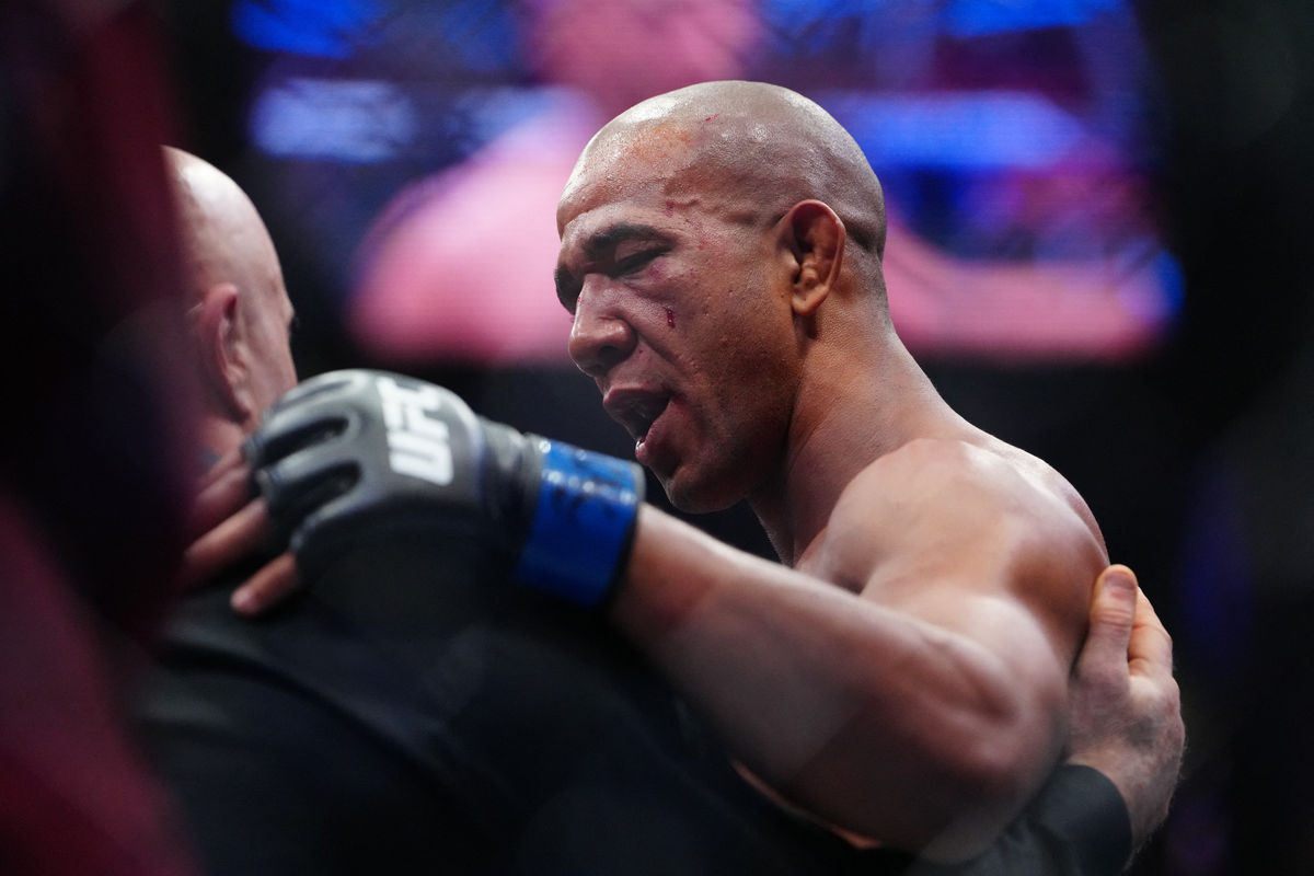 Jun 28, 2025; Las Vegas, Nevada, USA; Gregory Rodrigues (blue gloves) reacts after the fight against Jack Hermansson (red gloves) during UFC 317 at T-Mobile Arena. Mandatory Credit: Stephen R. Sylvanie-Imagn Images