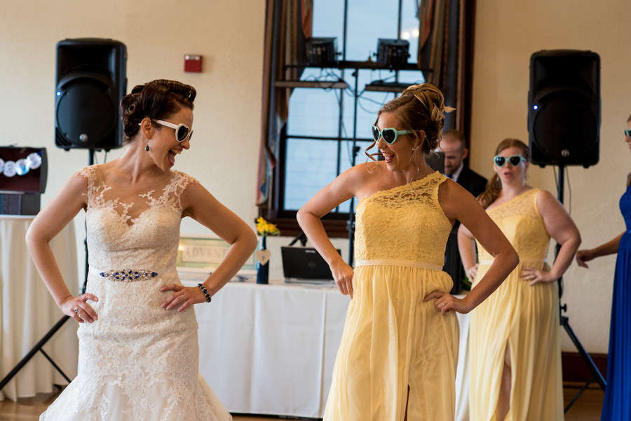 Bride and bridesmaids together in heart-shaped sunglasses