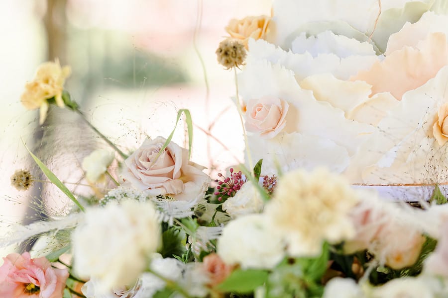 Close-up of pastel garden roses and ranunculus