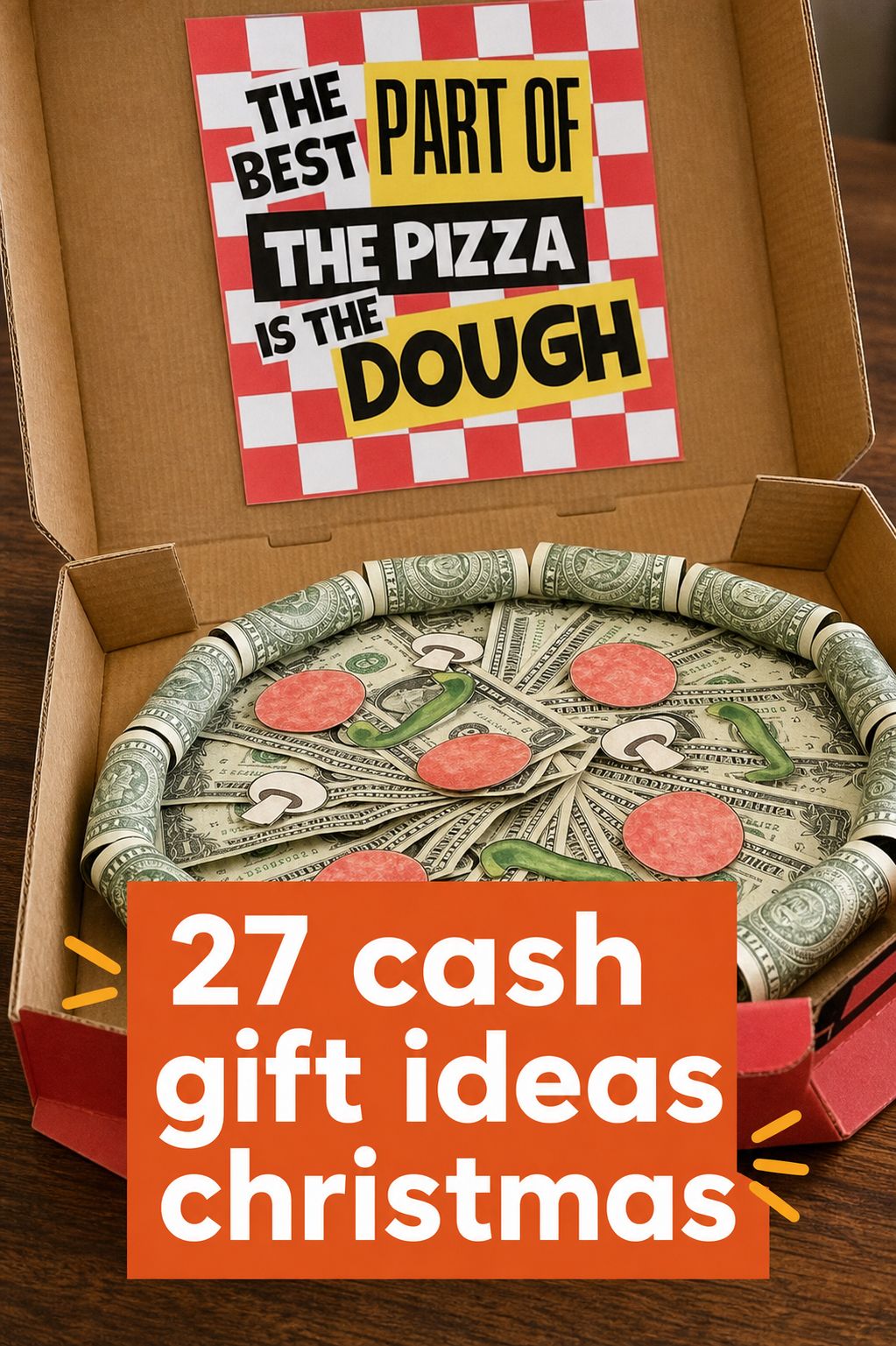 An open pizza box with money arranged to look like a pizza, topped with paper pepperoni and vegetables, and a sign reading “27 cash gift ideas Christmas”—a creative and fun way to give money for Christmas that’s sure to delight anyone looking for unique Christmas money gifts.