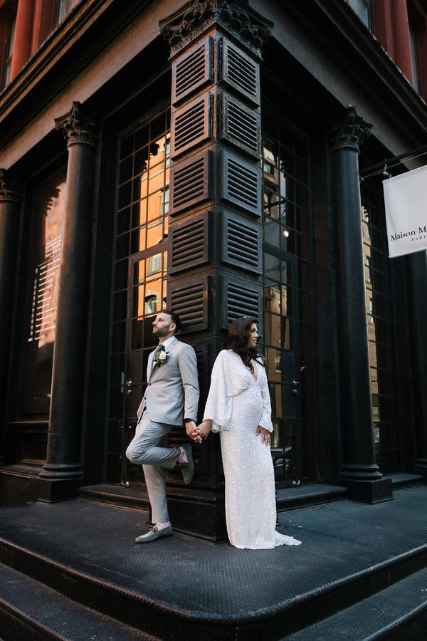 Bride and groom at Bethesda Terrace in Central Park micro-wedding