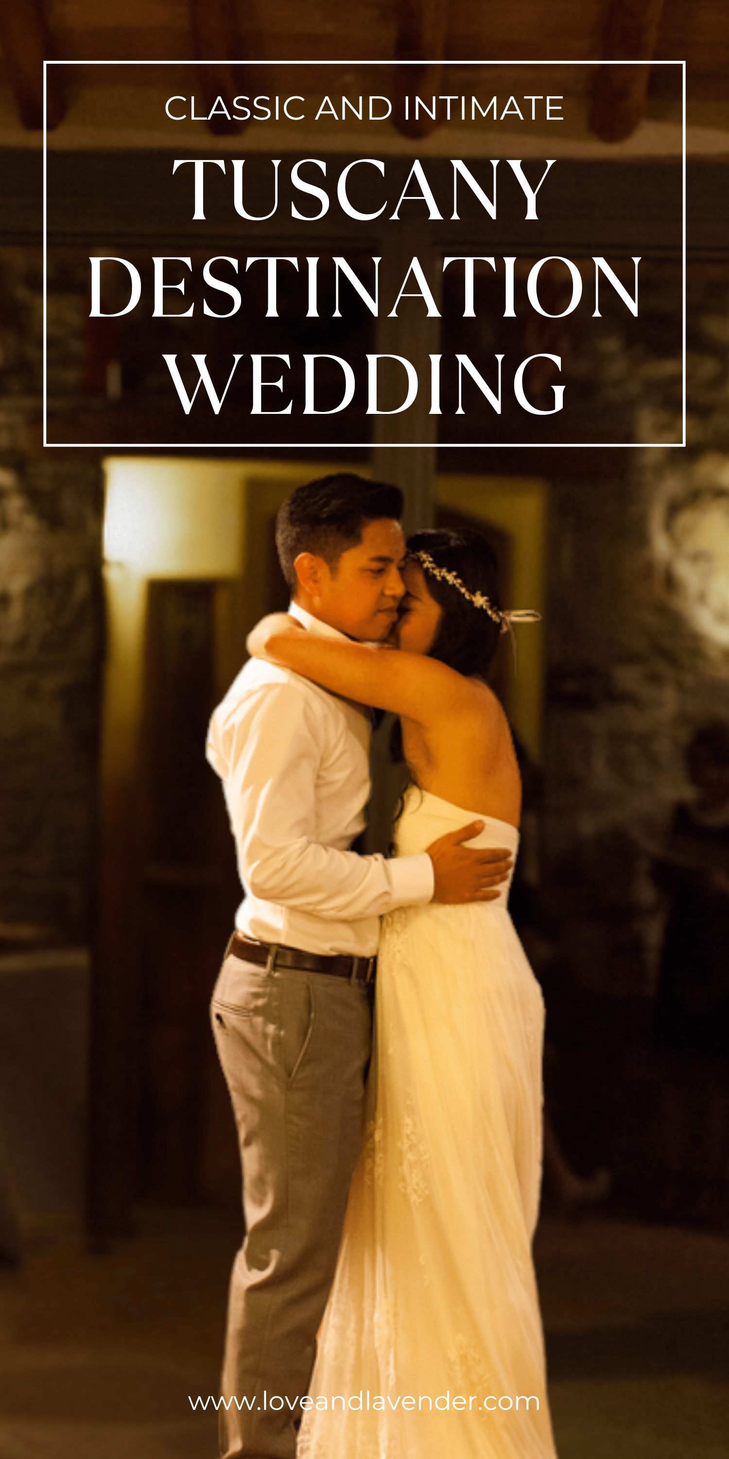Couple at an intimate Tuscany destination wedding by a stone church and vineyard