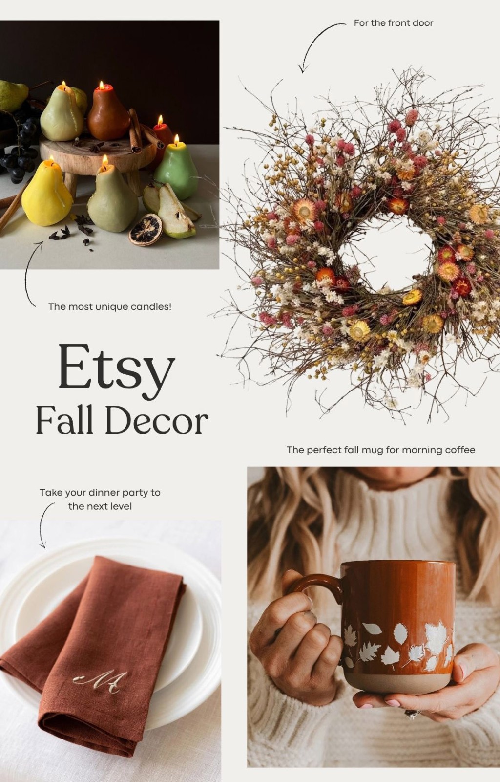Etsy fall decor collage with pear-shaped candles, a dried flower wreath, rust monogrammed linen napkins, and a leaf print mug
