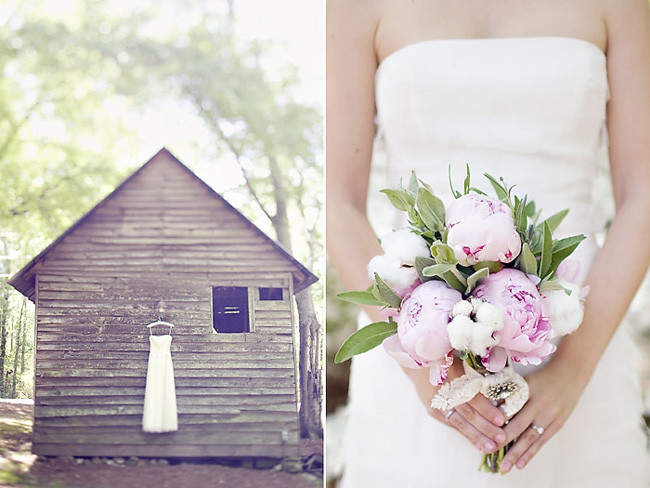 Pink peony bouquet with white cotton bolls and burlap-wrapped stems