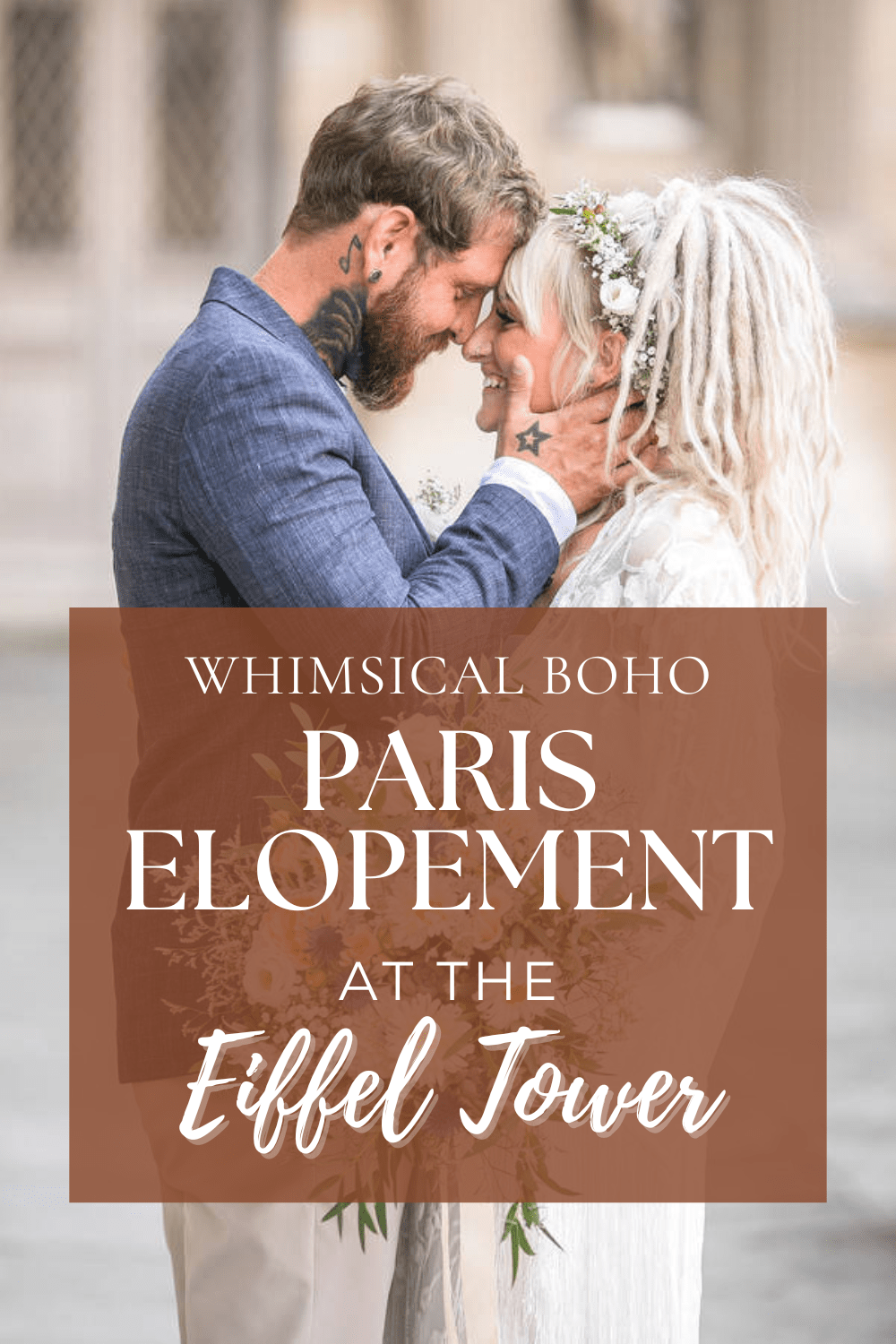 Couple embracing near the Eiffel Tower at a boho Paris elopement