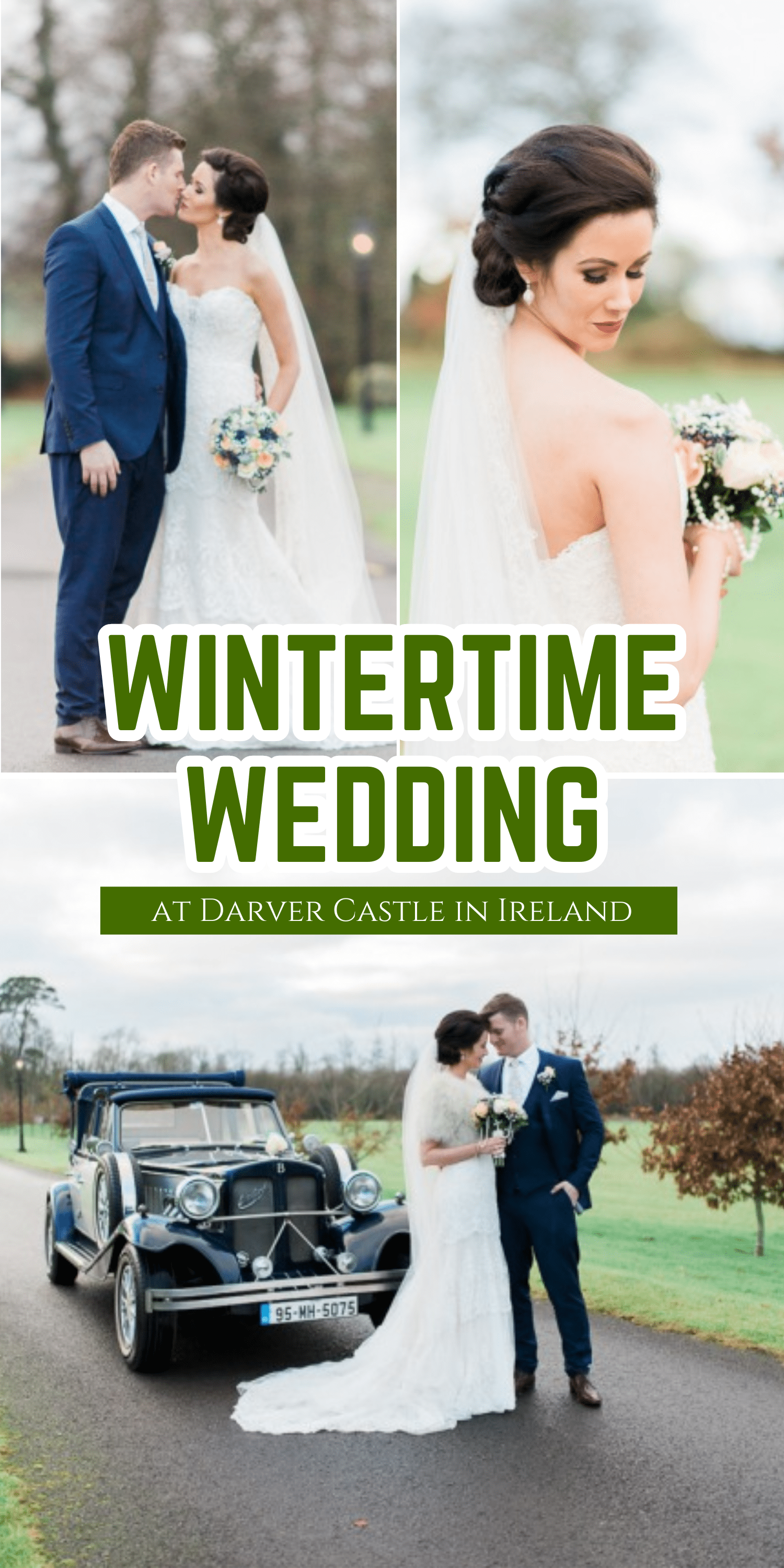 Collage of a winter castle wedding with strapless lace gown navy suit peach bouquet and vintage navy car at Darver Castle Ireland