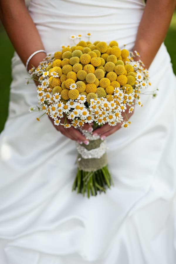 Bouquet of yellow billy balls ringed with tiny white daisies and a burlap-and-lace handle