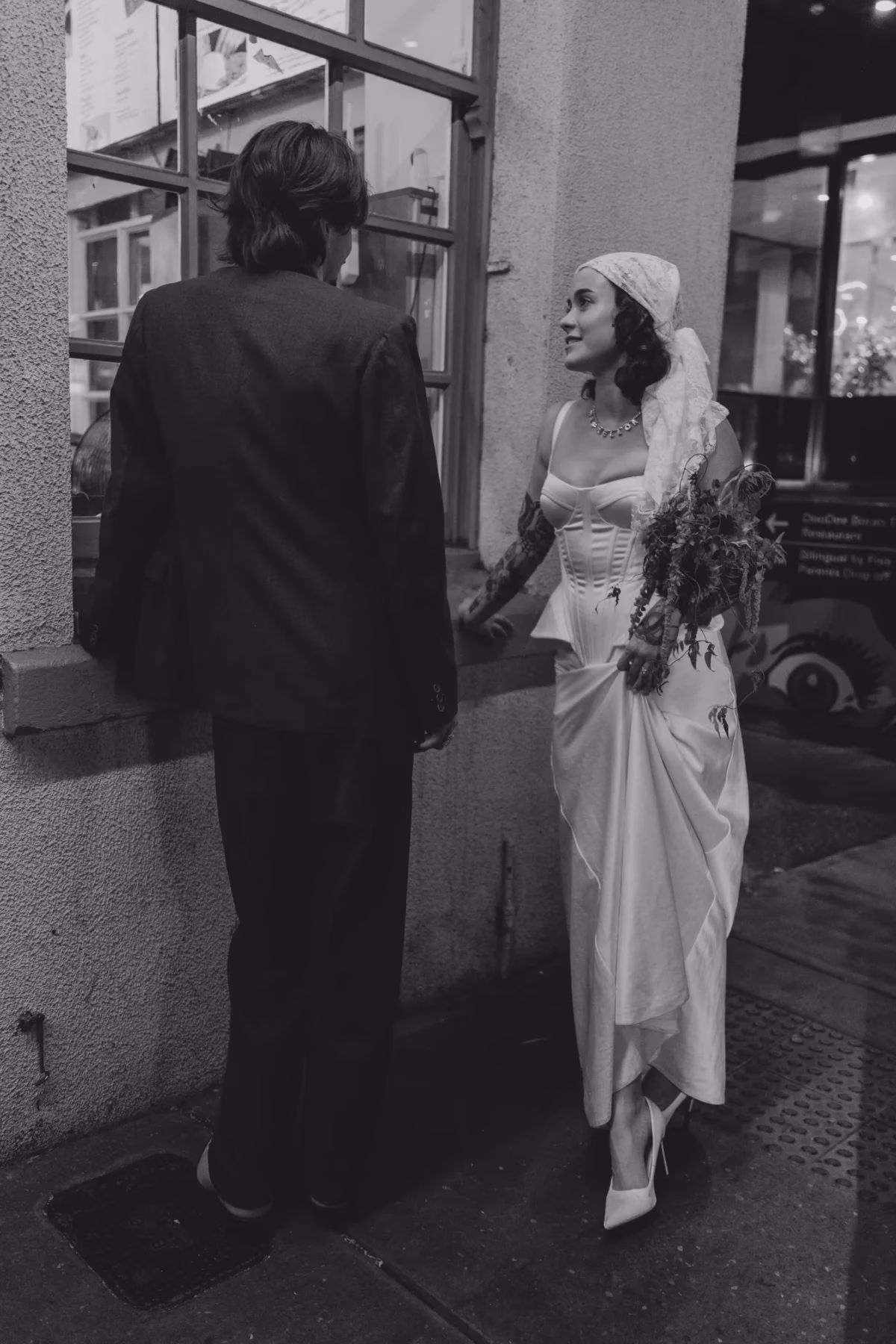 bride lace headscarf groom doorway the light photo and film
