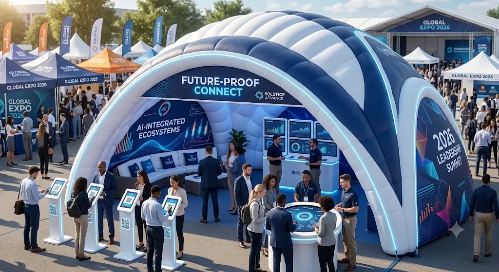 People attend a tech expo, interacting with digital kiosks inside a large, dome-shaped booth displaying Future-Proof Connect and AI-Integrated Ecosystems banners. Other booths and crowds are visible in the background.