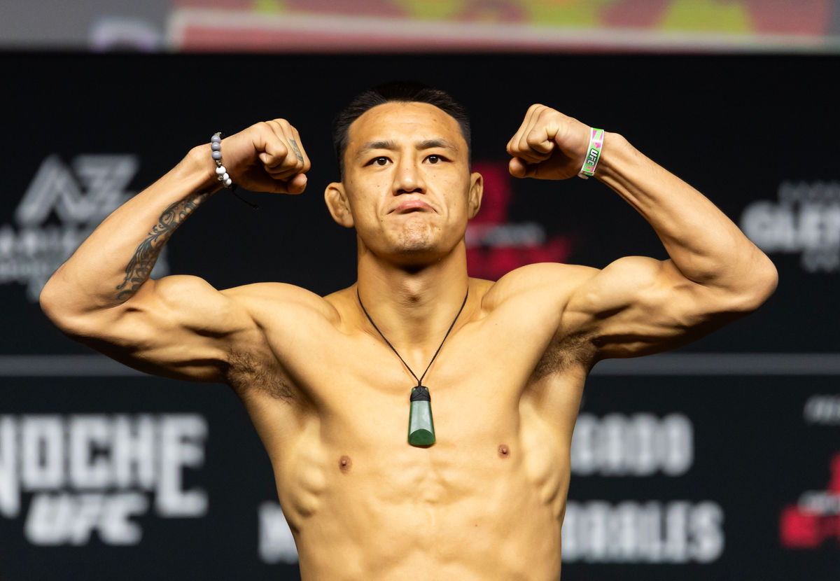 Sep 11, 2026; Glendale, Arizona, UNITED STATES; UFC fighter Zhu Rong during weigh-ins for UFC Noche Fight Night at Desert Diamond Arena. Mandatory Credit: Mark J. Rebilas-Imagn Images