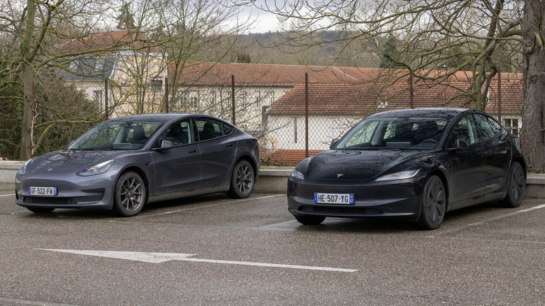 View on two Tesla Model 3 parked on a parking lot with trees and buildings in the background. The Tesla Model 3 is a high-end electric family sedan produced since 2017.