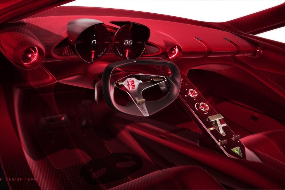 Design rendering of the 2026 Alfa Romeo Cuore Rosso concept interior in red, with twin round gauges, a yoke-style steering wheel and a centre console