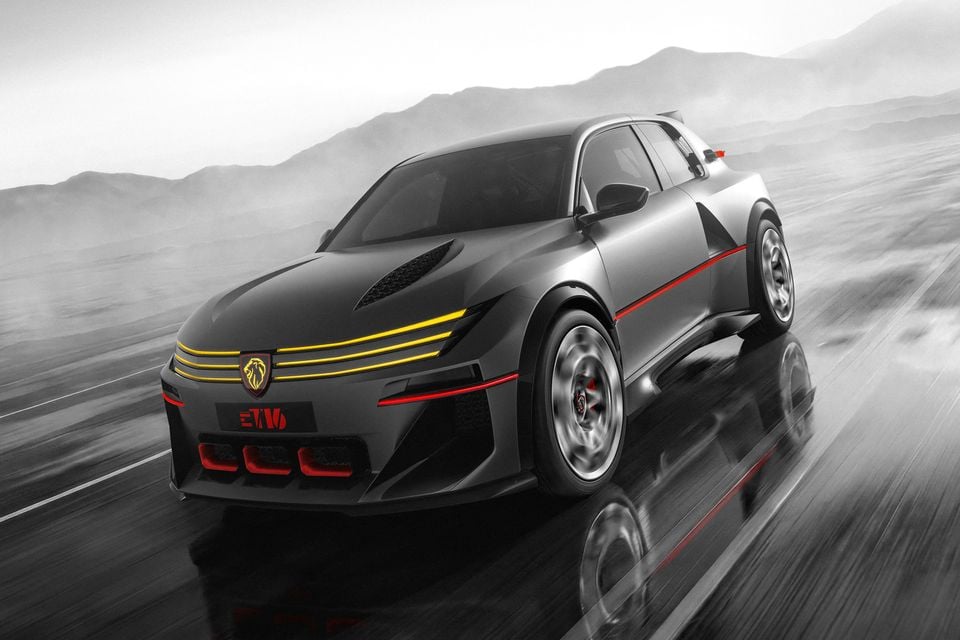 A dark grey 2026 Peugeot E-T16 concept with yellow and red lighting accents driving on a wet road in front of misty mountains
