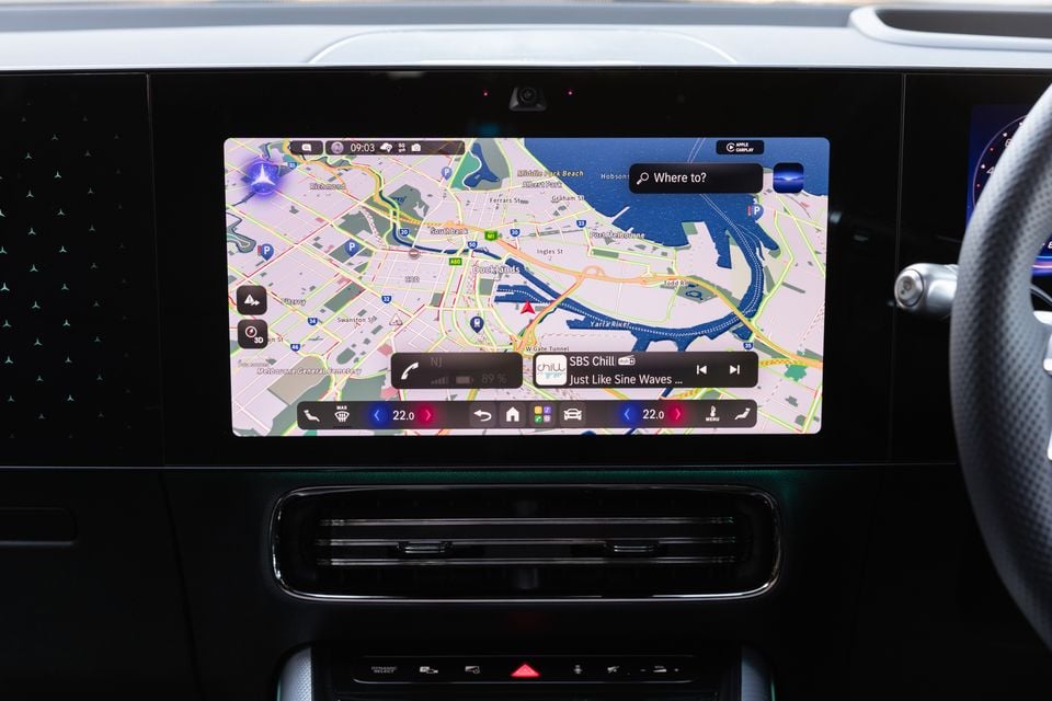 Central touchscreen in the 2027 Mercedes-Benz GLB 350 4Matic electric showing a navigation map of Melbourne's Docklands above the air vents