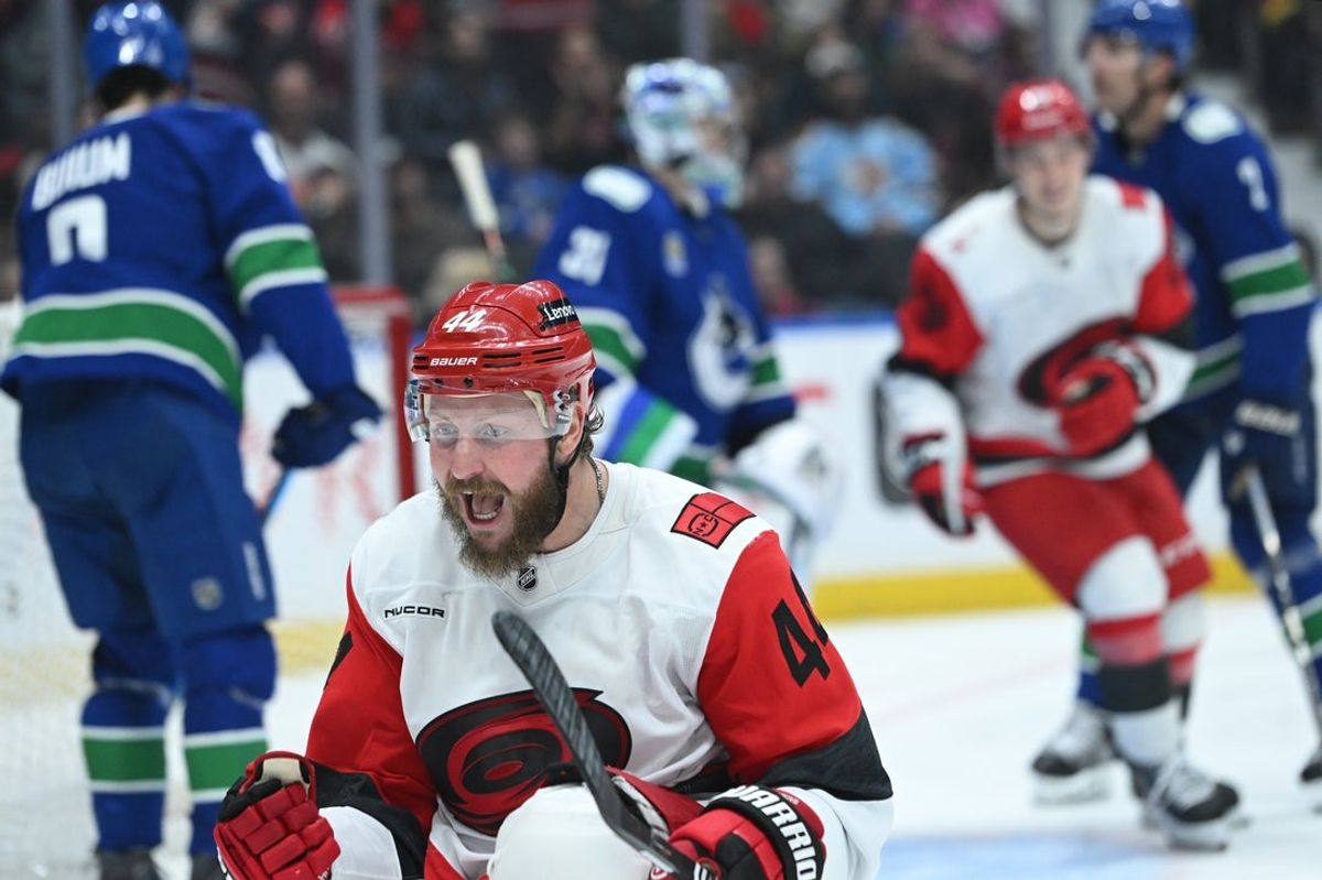 Oct 20, 2026; Vancouver, British Columbia, CAN;  Carolina Hurricanes left wing Nicolas Deslauriers (44) celebrates scoring during the third period against the Vancouver Canucks at Rogers Arena.  Mandatory Credit: Simon Fearn-Imagn Images