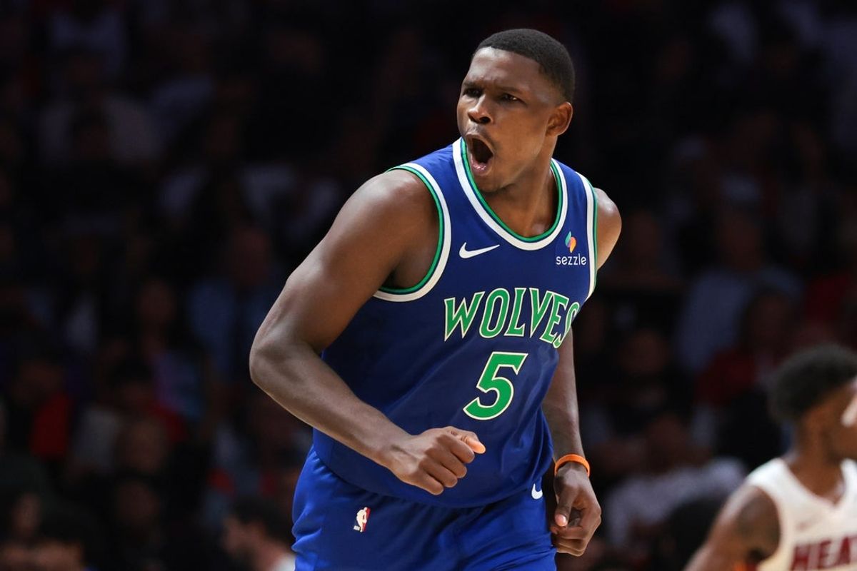 Oct 21, 2026; Miami, Florida, USA;  Minnesota Timberwolves guard Anthony Edwards (5) reacts against the Miami Heat during the fourth quarter at Kaseya Center. Mandatory Credit: Sam Navarro-Imagn Images